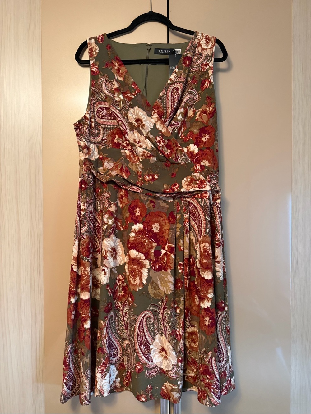 Lauren Ralph Lauren Olive Floral Paisley Sleeveless Wrap Dress